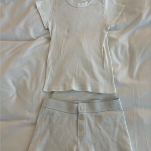 White Ribbed Short Sleeve Top and Buttoned Shorts Set